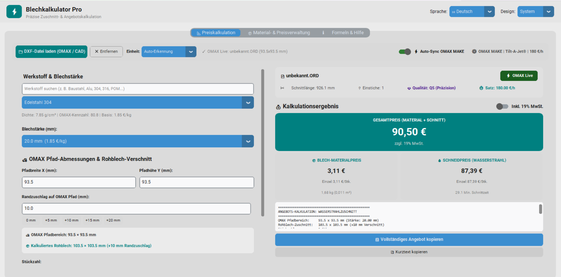 Blechkalkulator Pro Live Calculation